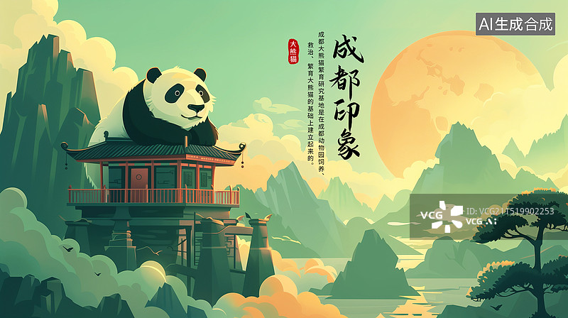 【AI数字艺术】四川成都地标插画 房地产广告，中国风国潮风山水画 新中式风格客厅装饰画，山顶上的建筑和可爱熊猫 横版图片素材