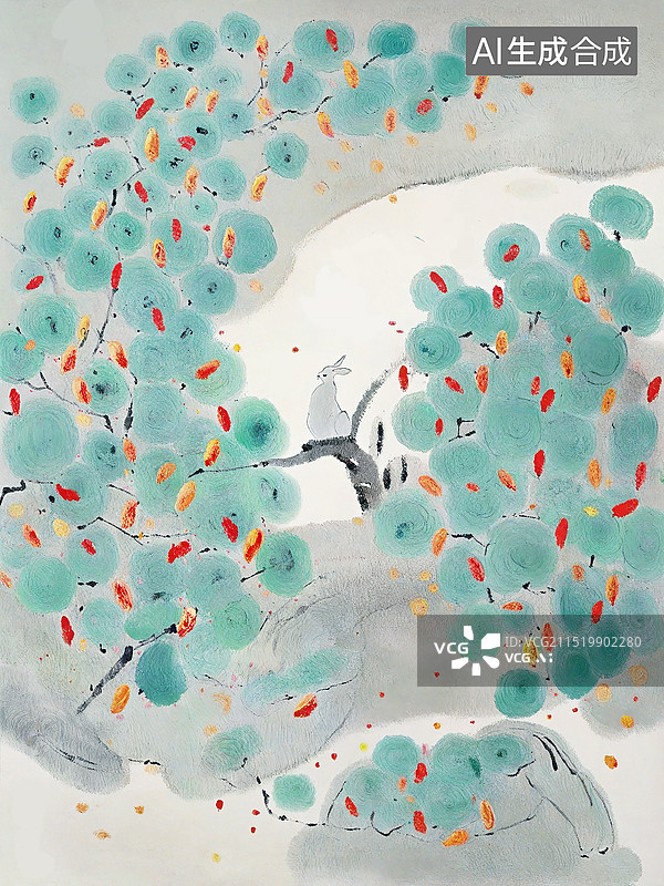 【AI数字艺术】中国画儿童读物绘本插画，树上的小兔子， 传统文化经典教育活动 竖版图片素材