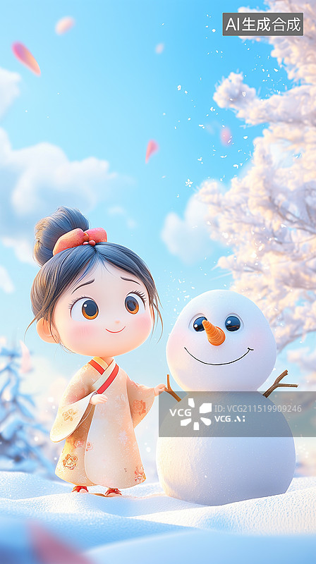 【AI数字艺术】穿着传统服饰的女孩堆雪人图片素材