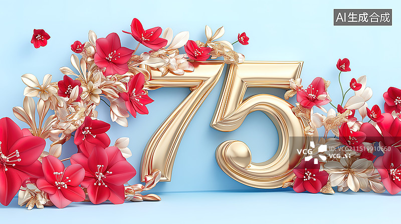 【AI数字艺术】红花装饰的75数字背景壁纸图片素材