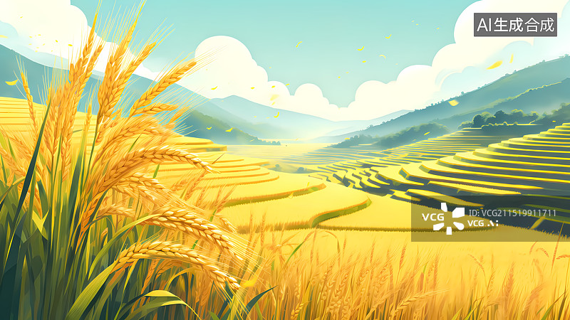 【AI数字艺术】秋天梯田水稻插画图片素材