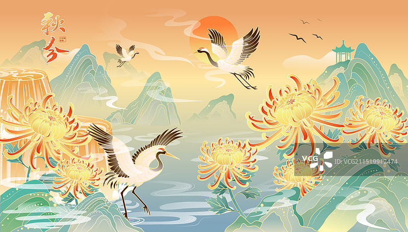 国潮风仙鹤和菊花二十四节气-秋分海报模板图片素材
