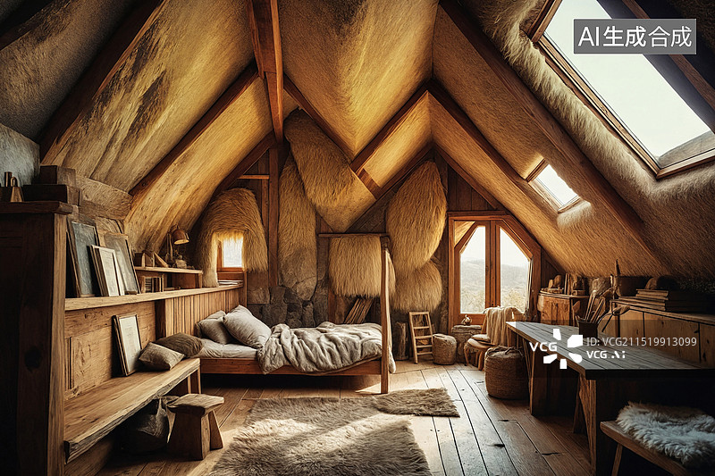 【AI数字艺术】温馨的乡村阁楼卧室图片素材