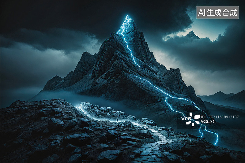 【AI数字艺术】闪电击中山峰图片素材
