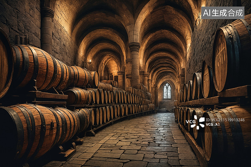 【AI数字艺术】酒窖中的橡木桶图片素材