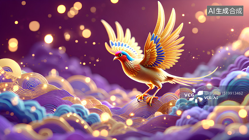 【AI数字艺术】3D渲染，国潮风插画，梦幻唯美发着光的飞鸟，玄鸟，凤凰，神鸟，浪漫紫色梦境，古风背景图，壁纸图片素材