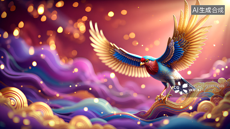 【AI数字艺术】3D渲染，国潮风插画，梦幻唯美发着光的飞鸟，玄鸟，凤凰，神鸟，浪漫紫色梦境，古风背景图，壁纸图片素材