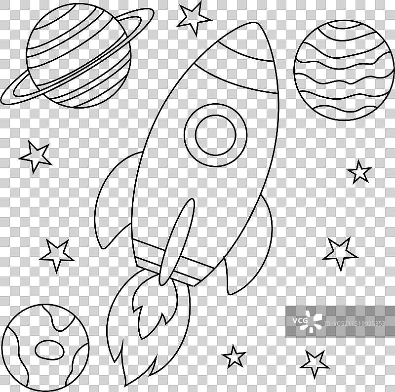 儿童火箭与行星轮廓填色页图片素材