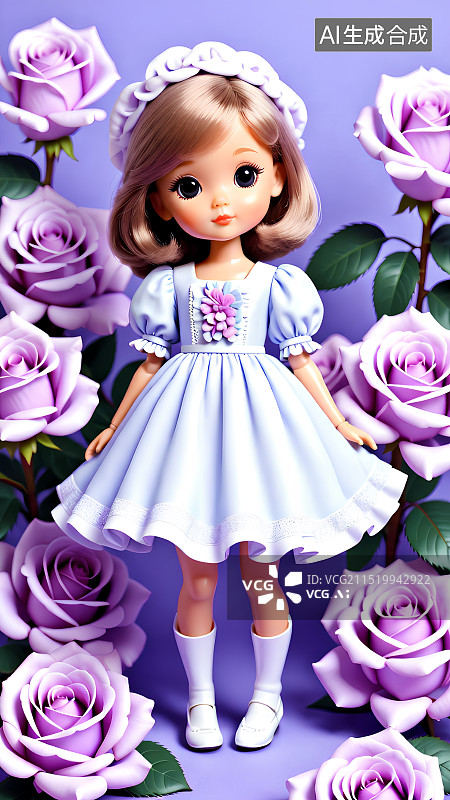 【AI数字艺术】3D渲染，时尚娃娃与玫瑰花，洋娃娃，人偶与紫色玫瑰，壁纸图片素材