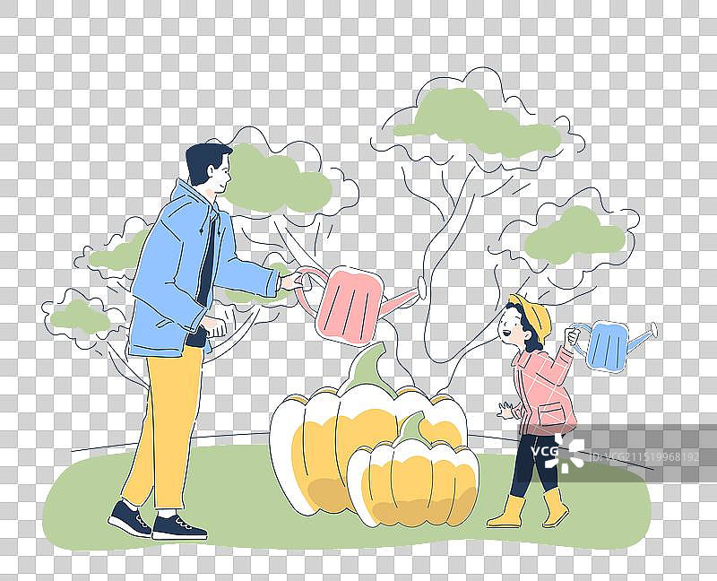 一家人给南瓜浇水图片素材