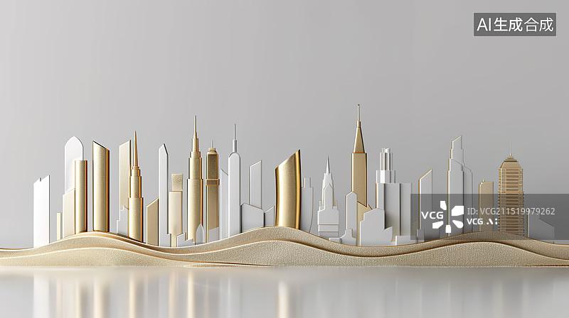 【AI数字艺术】浅金金属立体风格金融城市天际线插画图片素材