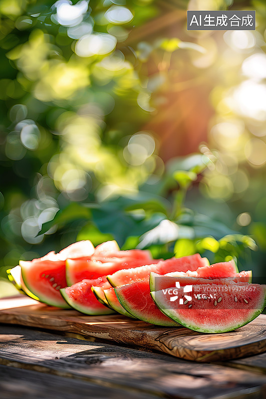 【AI数字艺术】夏天户外砧板上切开的西瓜图片素材