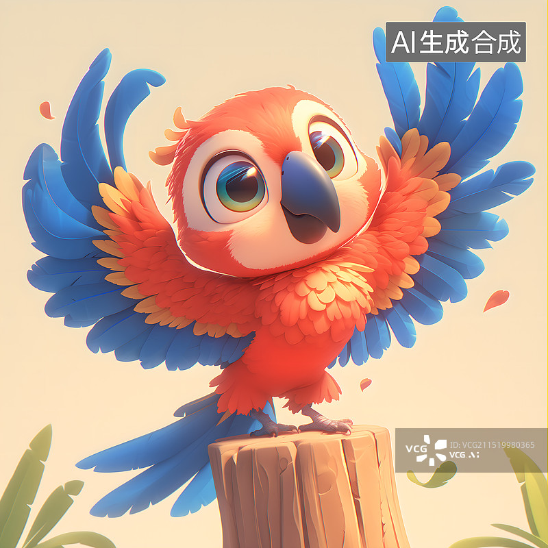 【AI数字艺术】3D卡通鹦鹉站在树桩上图片素材
