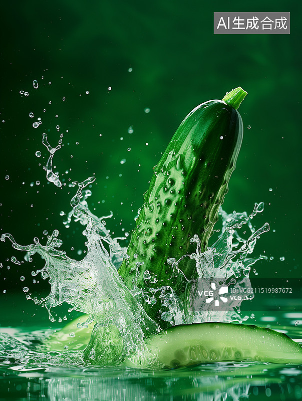 【AI数字艺术】新鲜的蔬菜插画创意广告摄影 冰爽水果，水中的黄瓜，夏天收获的季节 飞溅动感水花黄瓜特写摄影 竖版图片素材