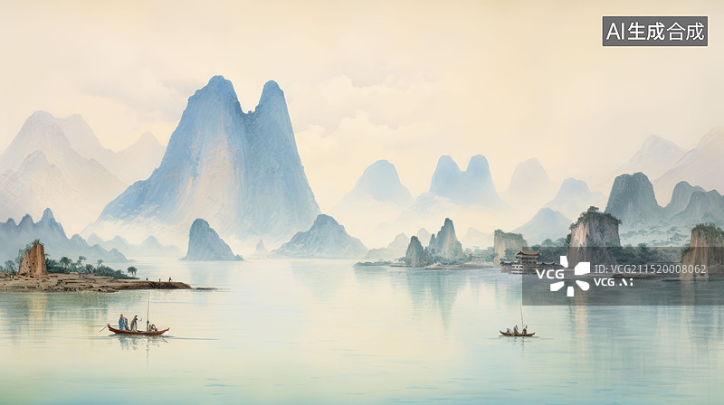 【AI数字艺术】国风国画工笔山水插画图片素材