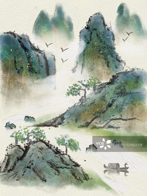 手绘水墨青绿山水国画图片素材