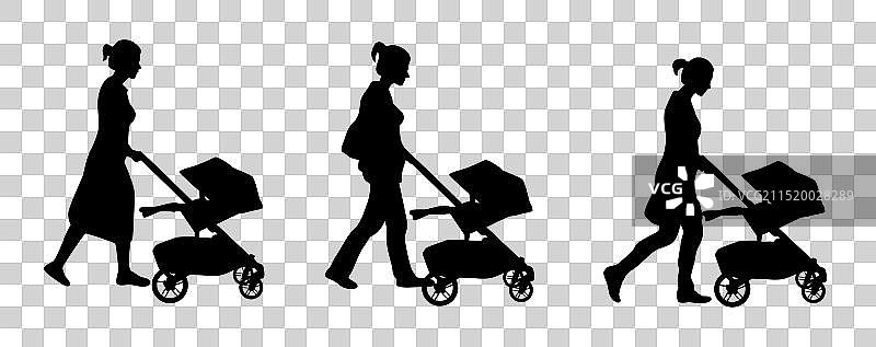 推着婴儿车的女人剪影图片素材
