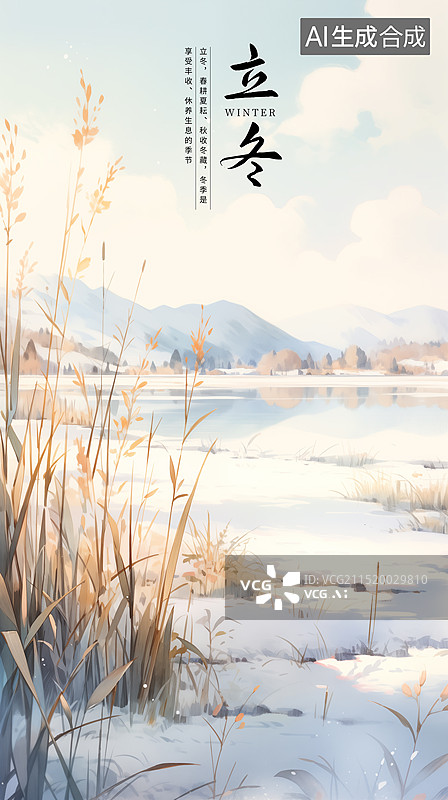 【AI数字艺术】二十四节气系列插画海报模版-冬天-立冬 冬天萧瑟的风景插画 芦苇湖面古诗配图 国风山水意境 竖版图片素材
