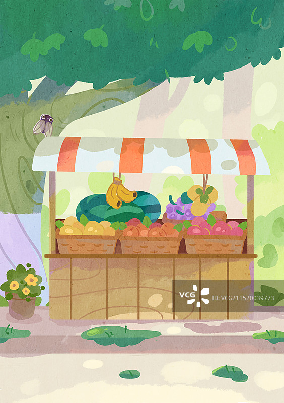 卡通水果摊夏季场景插画图片素材