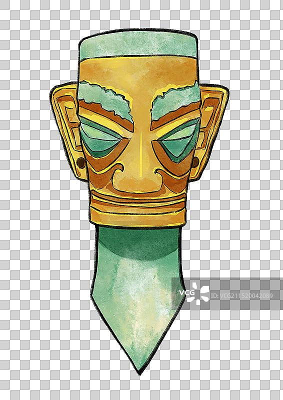 巴蜀四川成都德阳广汉三星堆国宝文物插画元素,平顶戴金面罩青铜人头像。图片素材