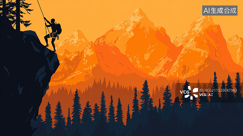 【AI数字艺术】橙色背景上的登山剪影插画图片素材