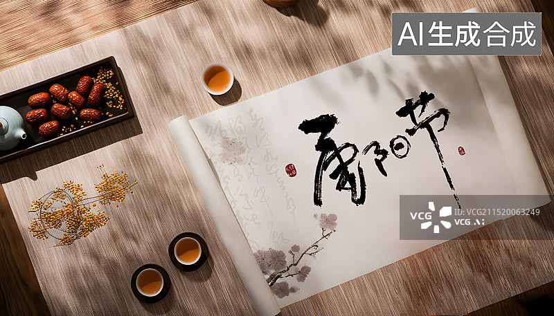 【AI数字艺术】写毛笔字,重阳节,书法,传统节日插画背景图片素材