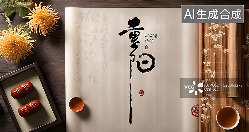 【AI数字艺术】写毛笔字,重阳节,书法,传统节日插画背景图片素材