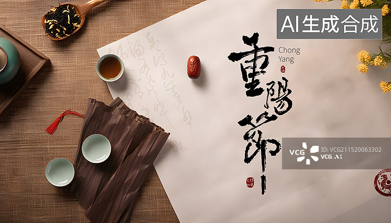 【AI数字艺术】写毛笔字,重阳节,书法,传统节日插画背景图片素材