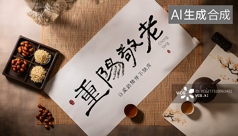 【AI数字艺术】写毛笔字,重阳节,书法,传统节日插画背景图片素材