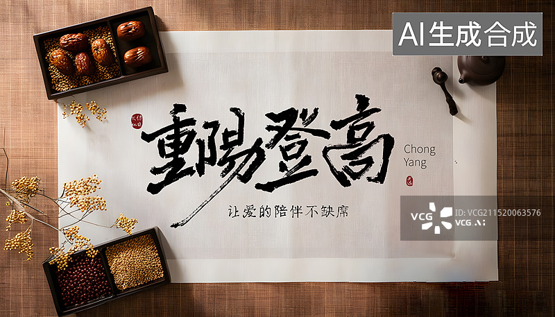 【AI数字艺术】写毛笔字,重阳节,书法,传统节日插画背景图片素材