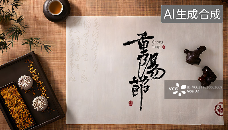 【AI数字艺术】写毛笔字,重阳节,书法,传统节日插画背景图片素材