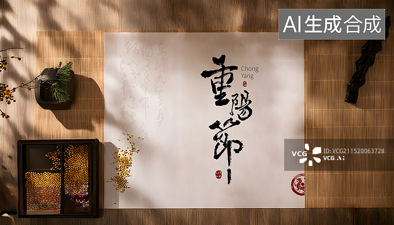【AI数字艺术】写毛笔字,重阳节,书法,传统节日插画背景图片素材