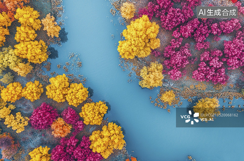 【AI数字艺术】俯拍高视角秋天红枫和枯黄的树在沼泽里图片素材