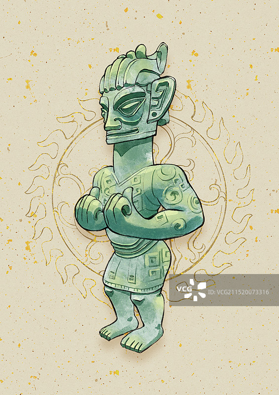 浅色背景巴蜀四川成都德阳广汉三星堆国宝文物插画，青铜着裙立人像。图片素材