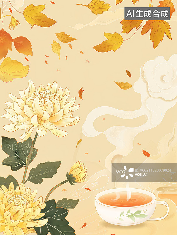 【AI数字艺术】菊花茶与秋叶图片素材