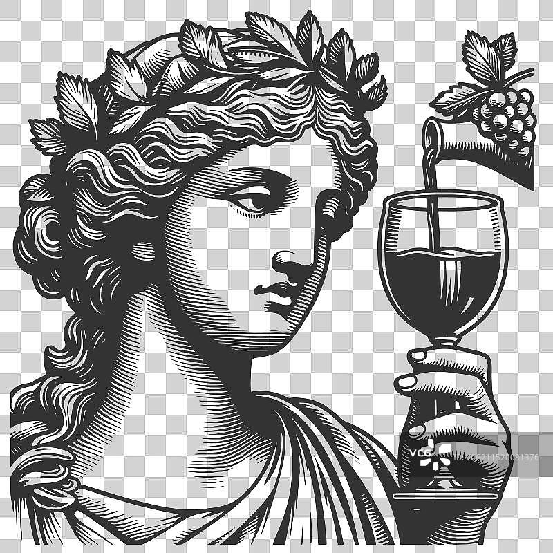 酒神与葡萄酒杯雕刻图片素材