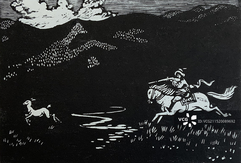 黑白木刻《狞猎图》图片素材