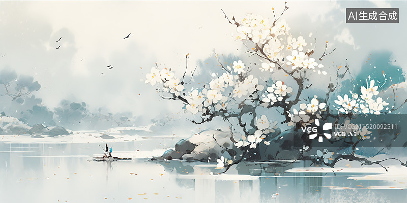 【AI数字艺术】寒冬腊梅插画 新国风新中式风格中国风水墨风水彩风景背景图片素材