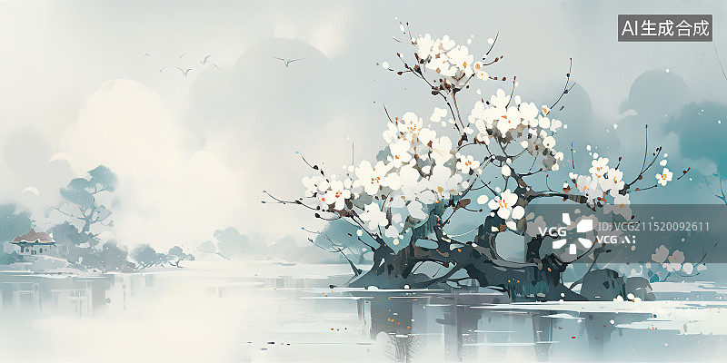 【AI数字艺术】寒冬腊梅插画 新国风新中式风格中国风水墨风水彩风景背景图片素材