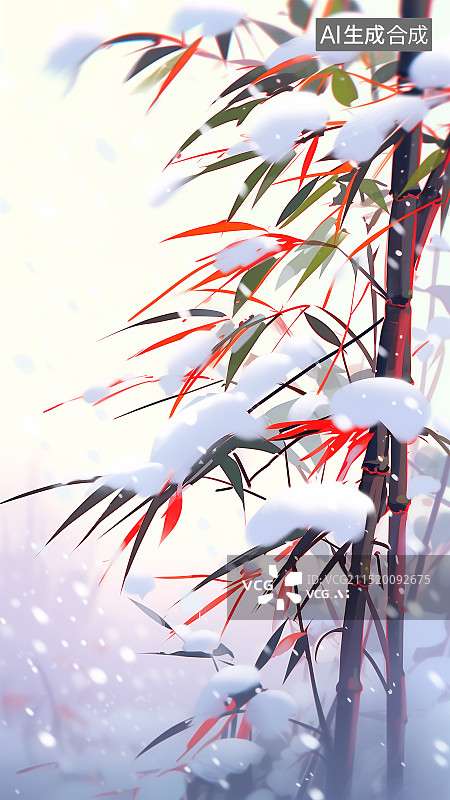 【AI数字艺术】漫天大雪风雪交加的冬季天气 厚厚的积雪堆积压在竹子叶上 无人的山林竹林插画背景图片素材