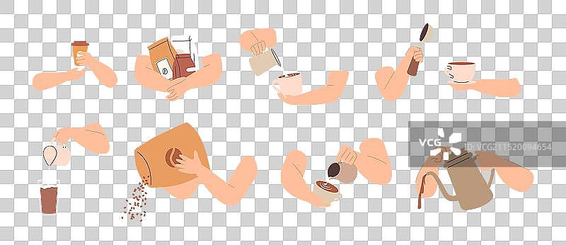 手持咖啡杯和咖啡机倒咖啡豆图片素材