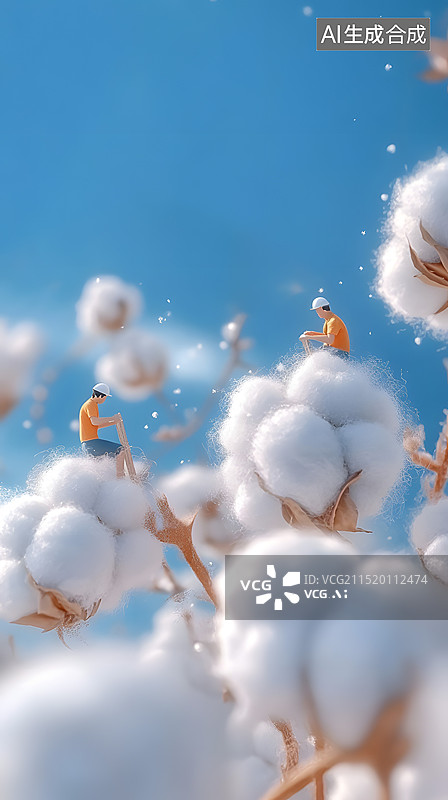【AI数字艺术】24节气寒露3D风格微观场景收棉花插画竖版图片素材