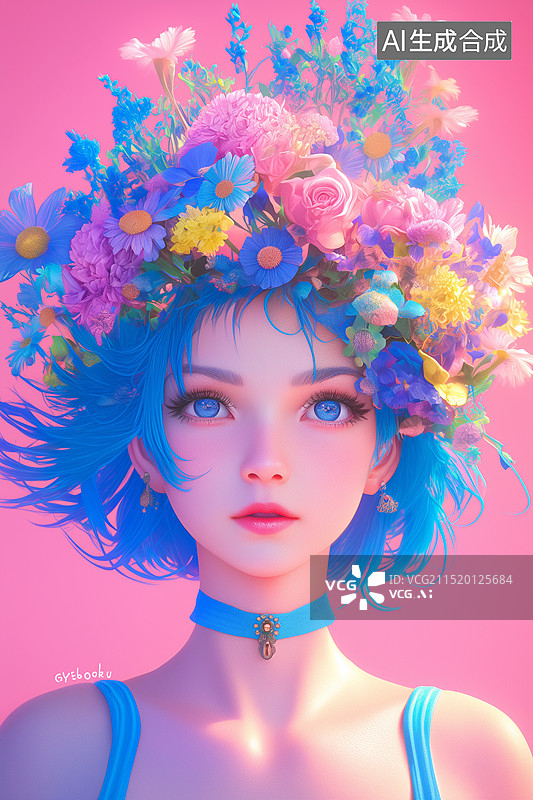 【AI数字艺术】粉色背景下戴花的年轻女子图片素材