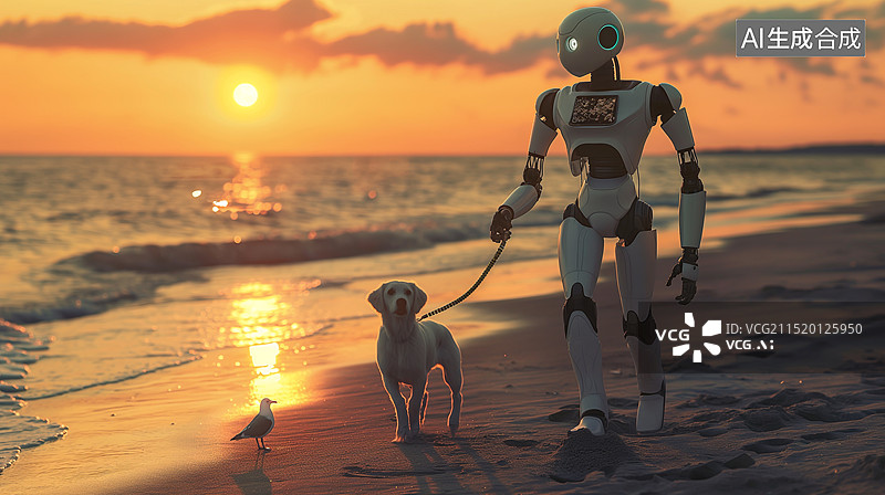 【AI数字艺术】日落时带着狗在海滩散步的机器人图片素材