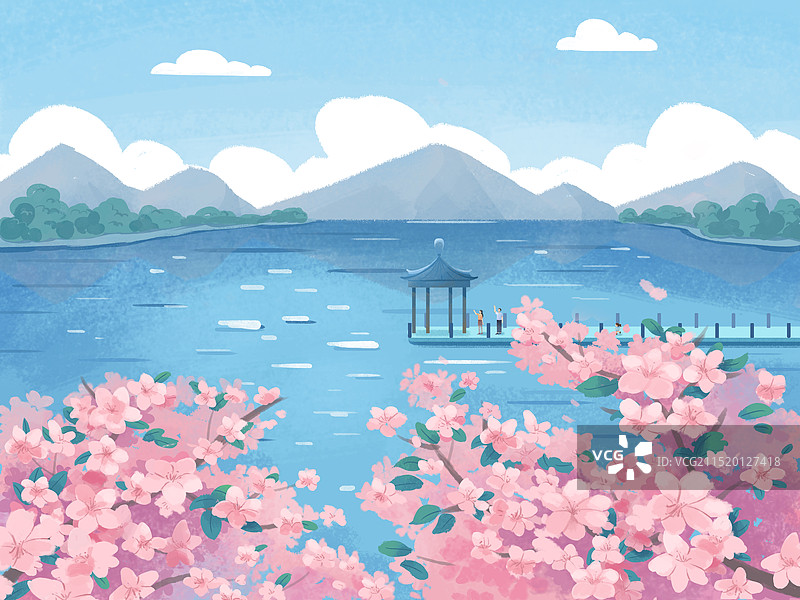 春日桃花湖景旅游景色插画图片素材