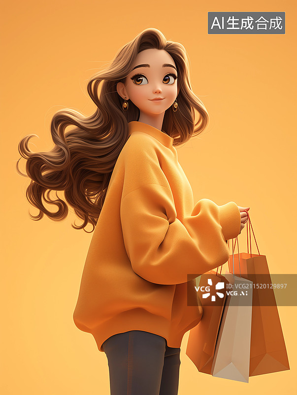 【AI数字艺术】购物女孩双十一双11购物袋秋季冬季电商图片素材