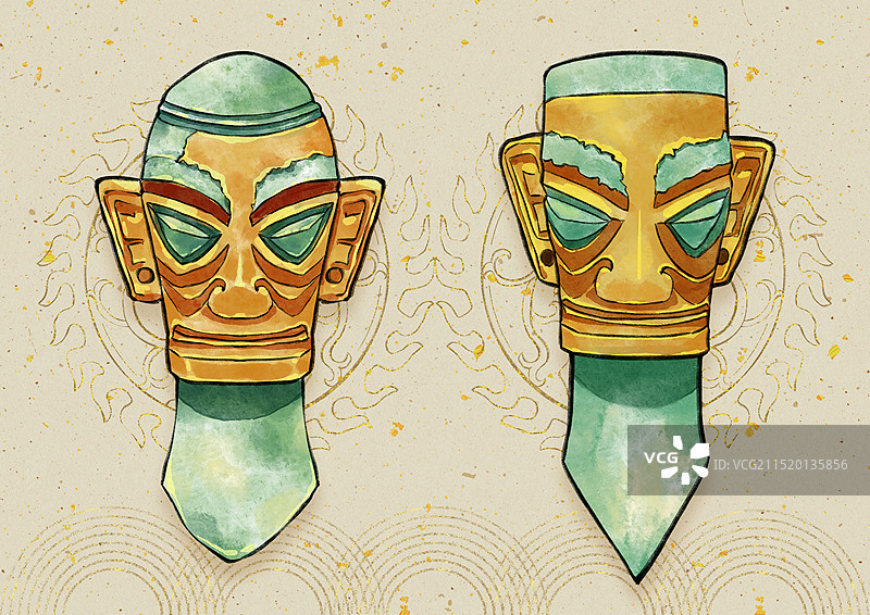 浅色背景巴蜀四川成都德阳广汉三星堆国宝文物插画，戴金面罩青铜人头像。图片素材