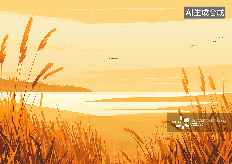 【AI数字艺术】金秋十月海边景色，秋天湖泊景观背景插画 ，日落黄昏时分场景 横版图片素材