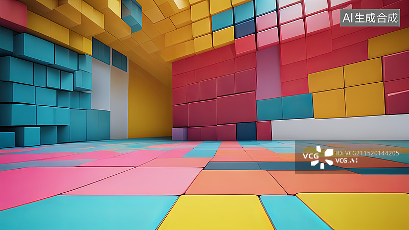 【AI数字艺术】多巴胺色彩风格的立方体空间图片素材