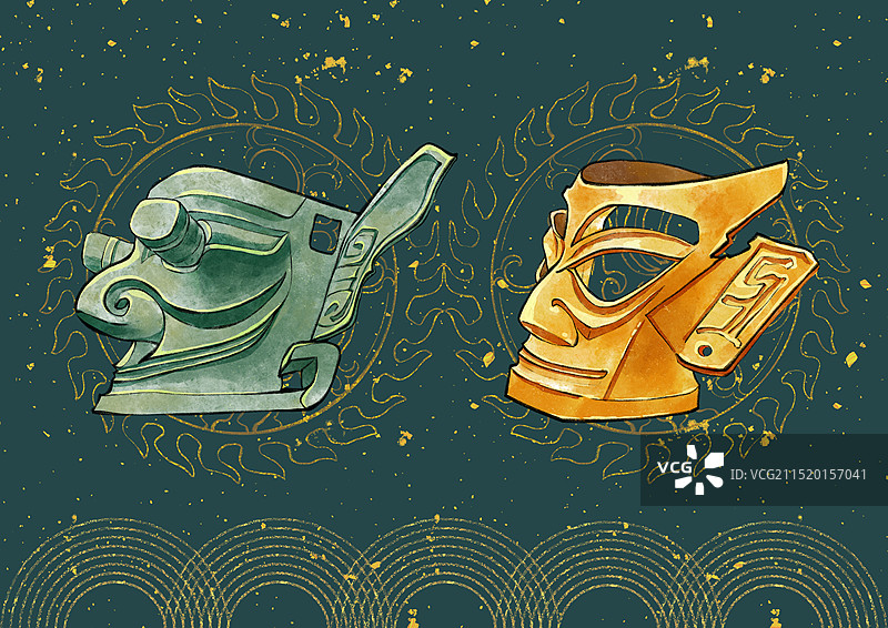 暗色背景巴蜀四川成都德阳广汉三星堆国宝文物插画，金面罩与青铜戴冠纵目面具。图片素材